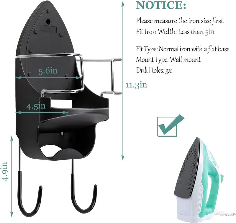 DOUBLE 2 C Ironing Board Hanger Wall Mount Electric Iron Holder Iron and Ironing Board Storage Organizer Shelf with Removable Hooks for Household Bathroom Laundry Room (Black) - Image 2